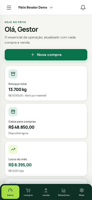 Dashboard demonstrativo do Revalor adaptado para celular