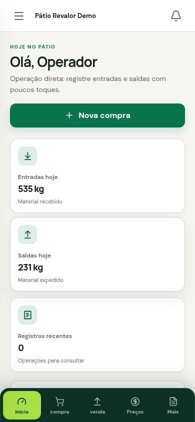Dashboard operacional demonstrativo do Revalor em um celular