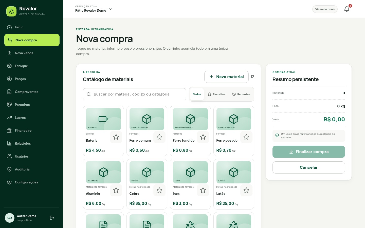 Tela demonstrativa de nova compra com catálogo de materiais e resumo da operação